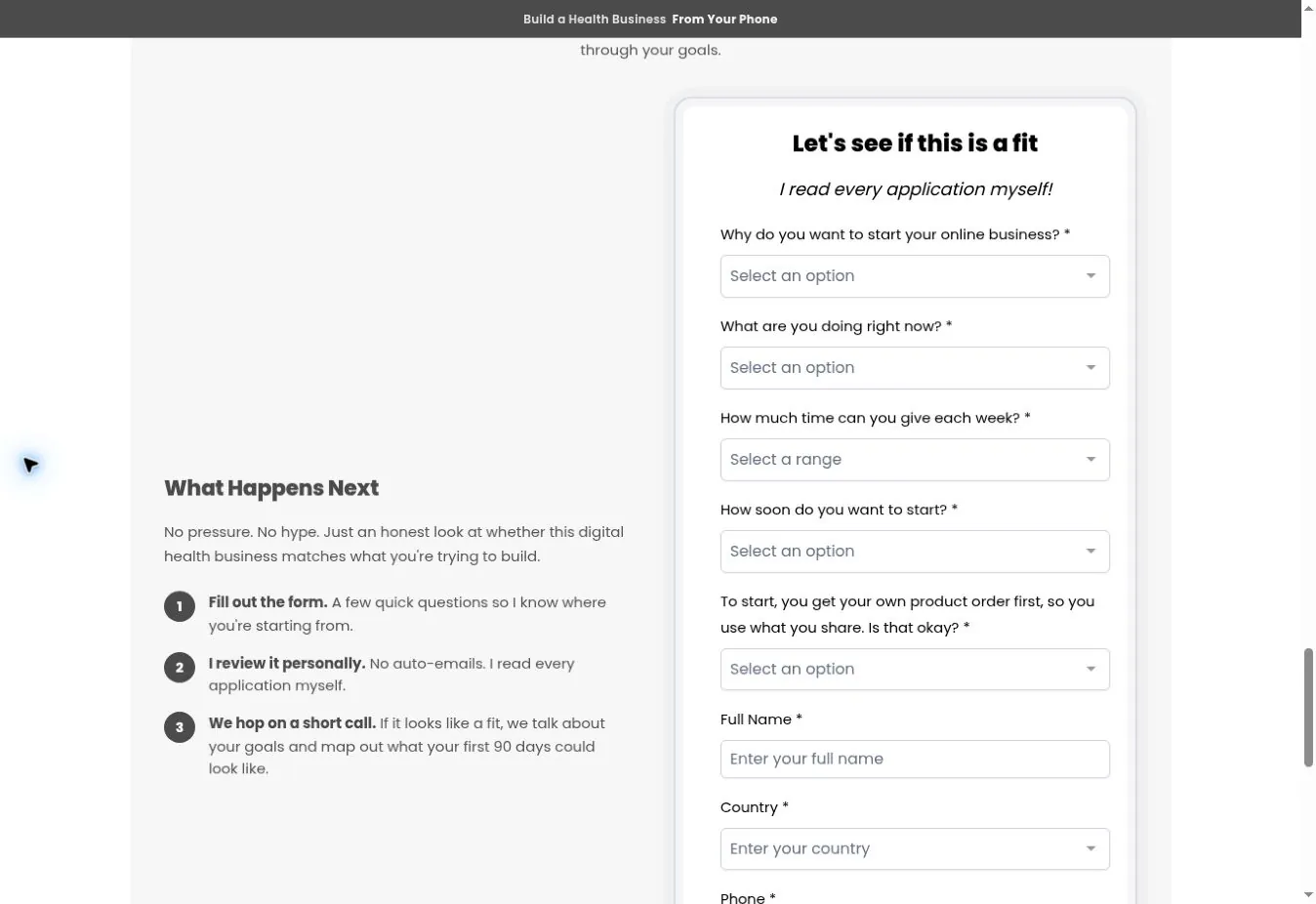 Harry Arora business page showing its application form and the steps that follow an enquiry